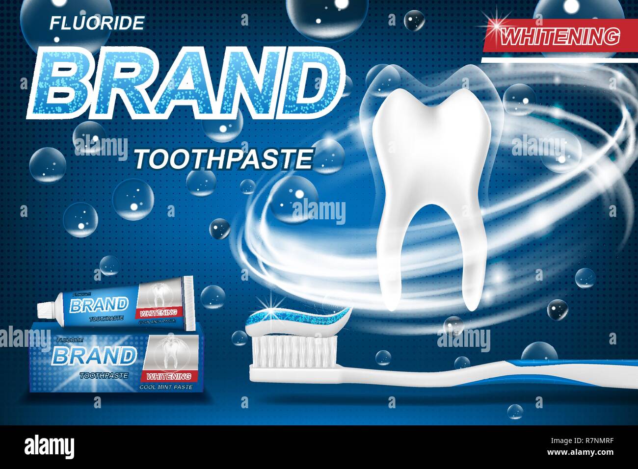 Mint Zahnpasta Konzept, isoliert auf Blau. Zahn Modell Produkt- und Verpackungsdesign für Zahnpasta Plakat oder Werbung. 3D-Vektor Illustration. Stock Vektor