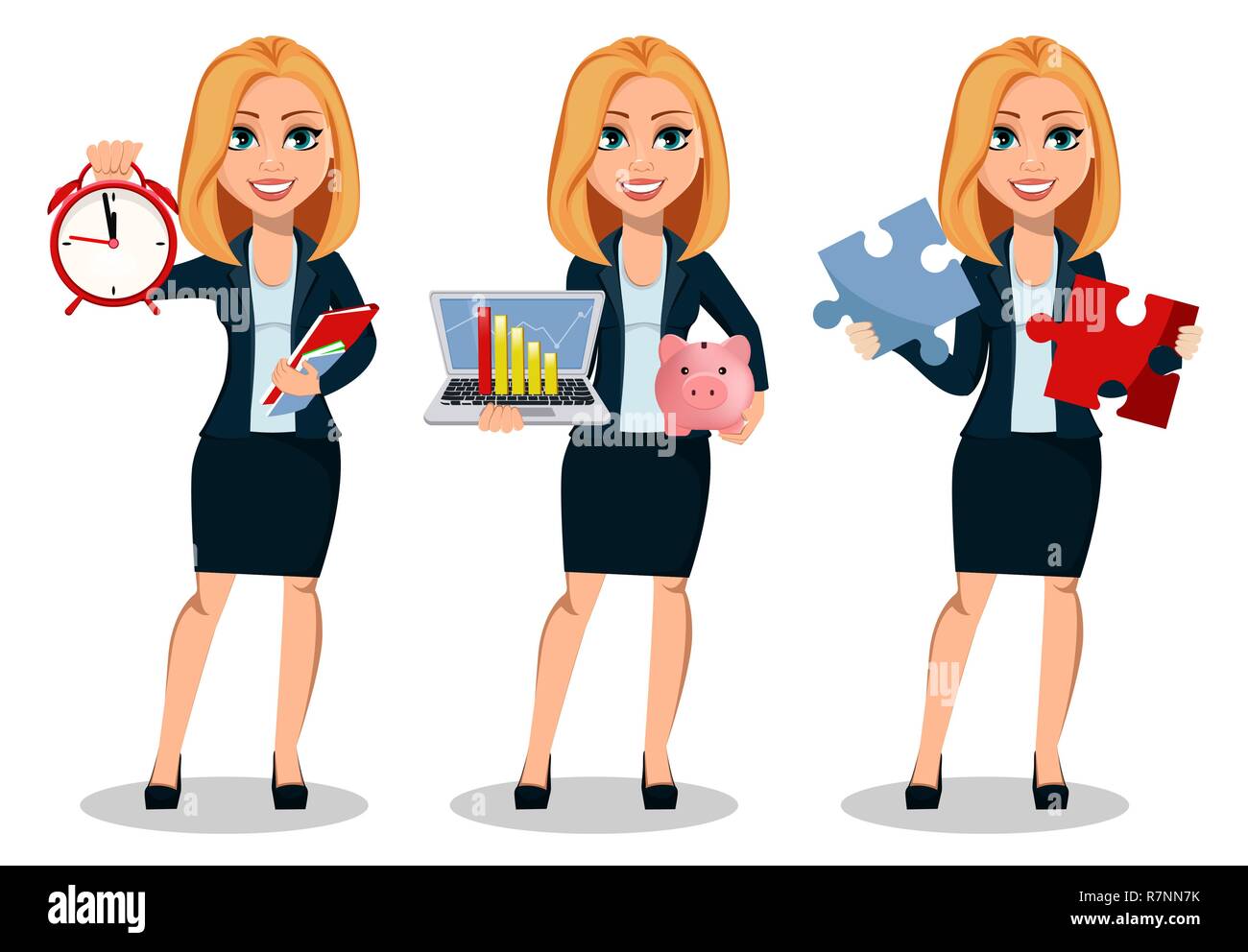 Business Woman In Office Style Kleidung Der Drei Posen Moderne Dame Geschaftsfrau Halt Wecker Halt Laptop Und Halt Zwei Stucke Von Puzzle Stock Vektorgrafik Alamy