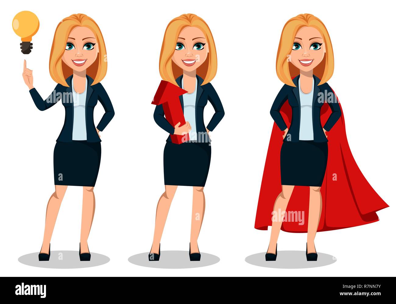 Business Woman in Office style Kleidung, der drei Posen. Moderne Dame Geschäftsfrau, die eine gute Idee, mit roten Pfeil und das Tragen der roten Umhang. Che Stock Vektor