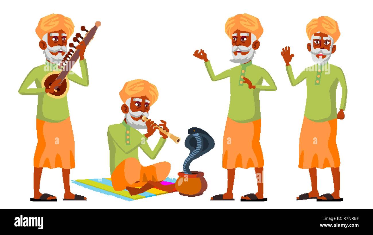 Indische alte Mann wirft ein Vektor. Hindu. Asiatische. Ältere Menschen. Ältere Person. Im Alter. Schlange Cobra Tanz. Werbung, Gruß, Ansage Design. Isolierte Cartoon Illustration Stock Vektor