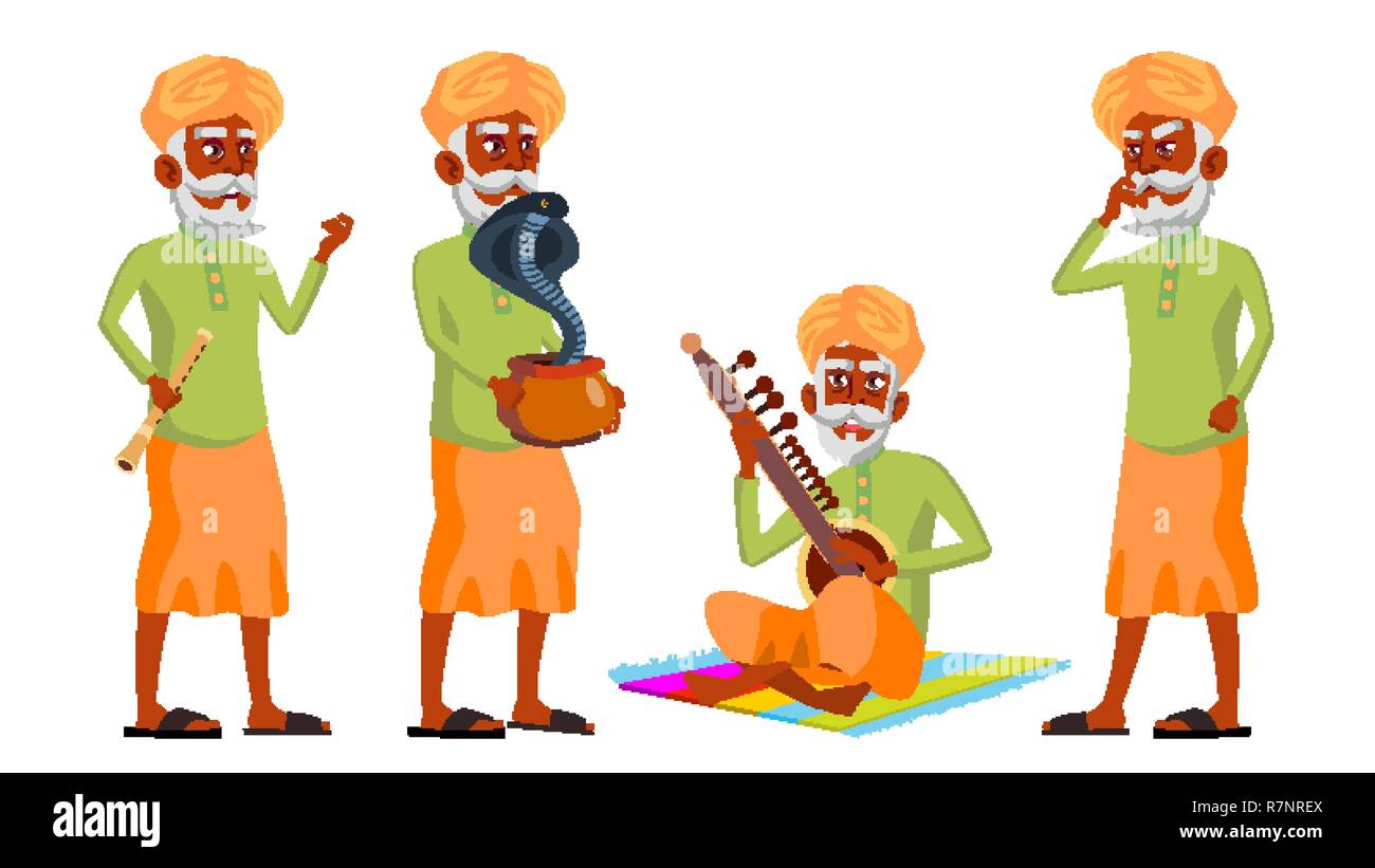 Indische alte Mann wirft ein Vektor. Hindu. Asiatische. Ältere Menschen. Ältere Person. Im Alter. Schlange Cobra Tanz. Web, Broschüre, Plakat Design. Isolierte Cartoon Illustration Stock Vektor