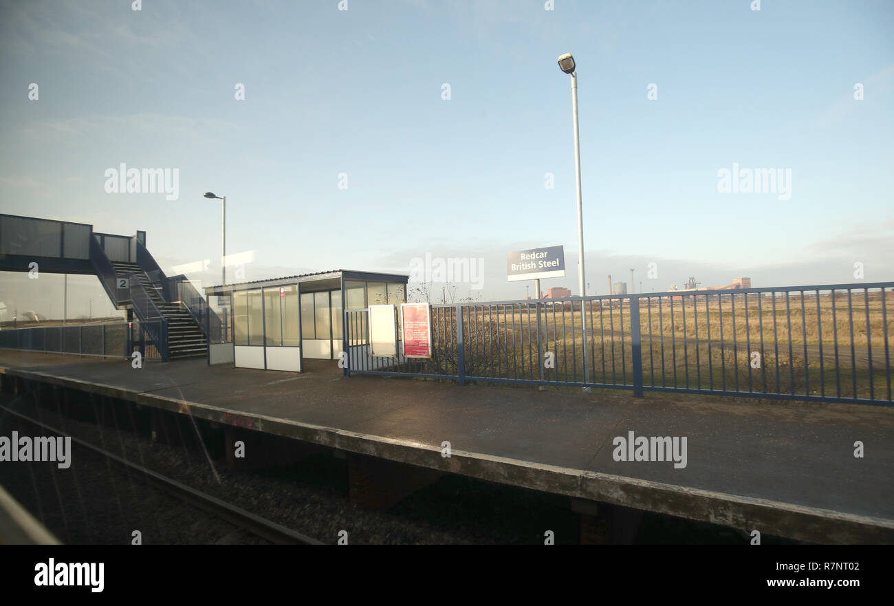 Redcar British Steel, die genannt worden, da Großbritannien am wenigsten Bahnhof mit nur 40 Passagieren über den North Yorkshire station in 2017/18 eingesetzt, die nach Angaben von Schiene und Straße zahlen. Stockfoto