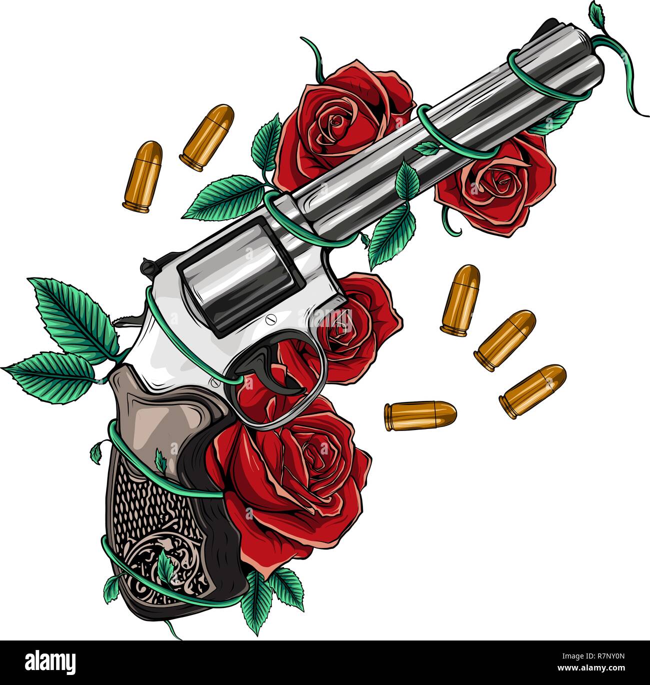 Zwei gekreuzte Gewehre und Rosenblüten im Tattoo-Stil gezeichnet. Vektor-Illustration. Stock Vektor