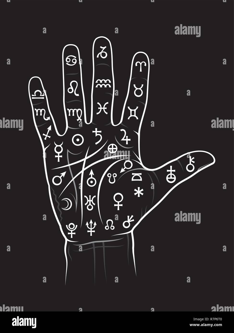 Die Kunst der schwarzen Magie: Chiromancy & Handlesen. Mystische Chart mit antiken Hieroglyphen, mittelalterliche Runen, astrologische Zeichen und alchemistische Symbole. Stock Vektor
