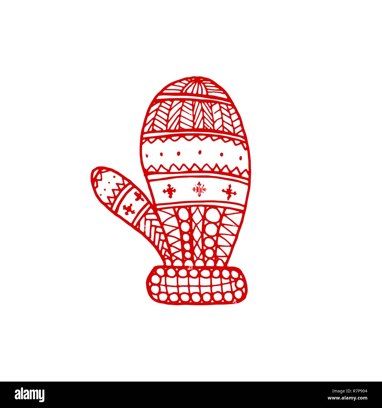 Vektor Weihnachten dekorative Symbol - doodle Fäustling. Weihnachten Hand gezeichnet Handschuh Rot auf weißem Hintergrund Stock Vektor