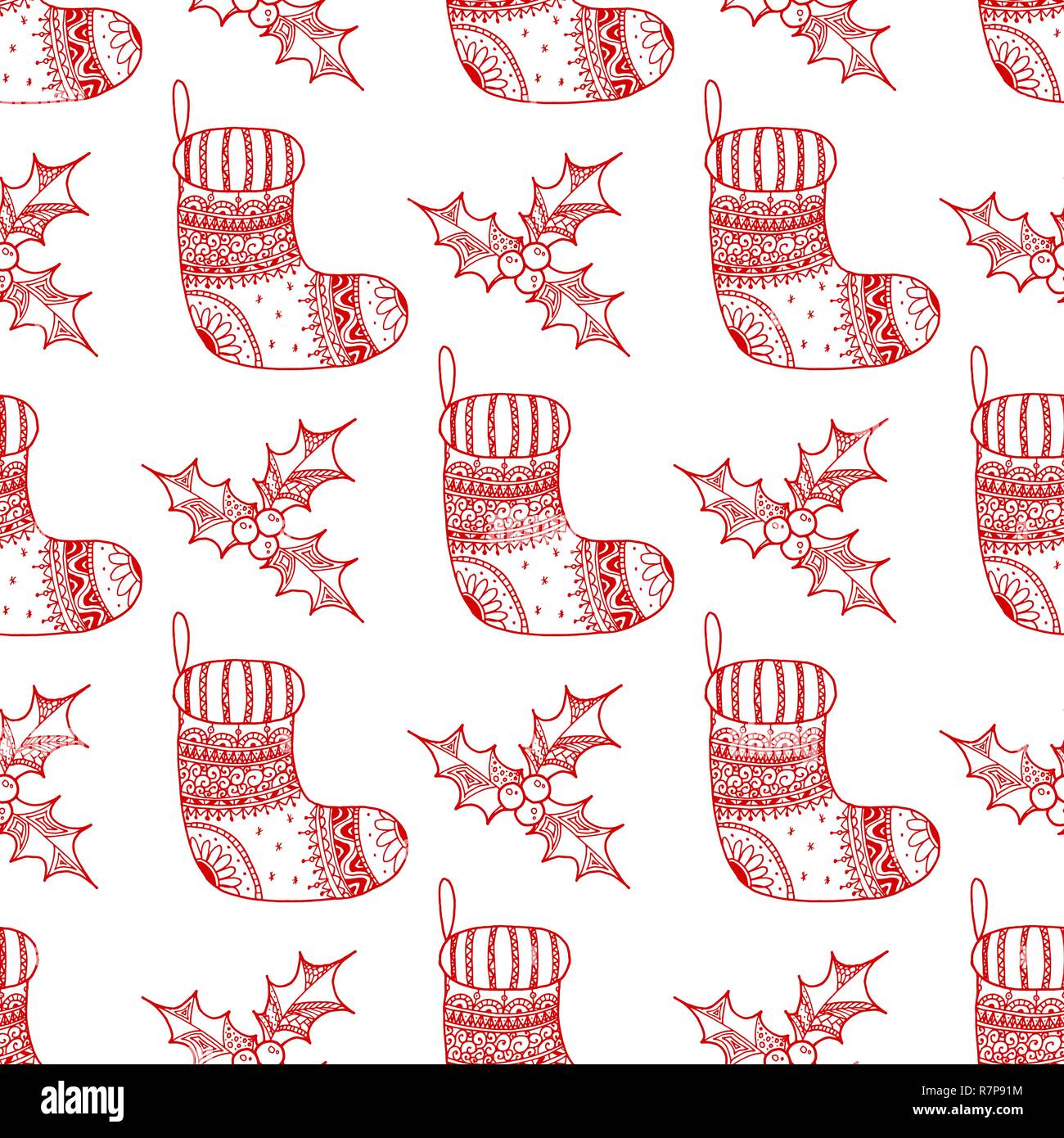 Vektor nahtlose Muster von Weihnachten dekorative Symbol - Socke und Holly. Weihnachten dekorative Textur der rote Strumpf und Holly auf weißem Hintergrund Stock Vektor