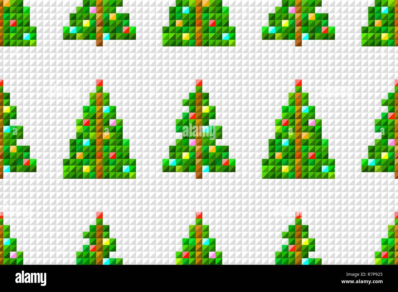 Vektor nahtlose Muster von Pixel-art Weihnachtsbaum auf Pixel grauer Hintergrund Stock Vektor