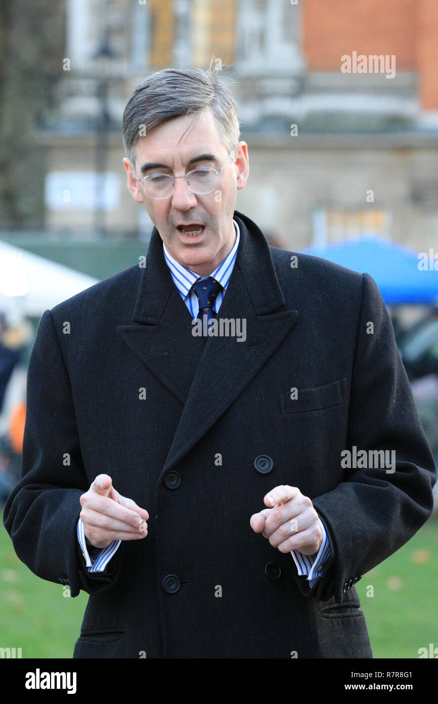 Westminster, London, 11. Dezember 2018. Jakob Rees-Mogg, MP, College Green in Westminster für Interviews. Anti-Brexit Demonstranten versuchen mit Plakaten auf den langen Pfosten zu stören Media Plattformen zu erreichen. Credit: Imageplotter Nachrichten und Sport/Alamy leben Nachrichten Stockfoto