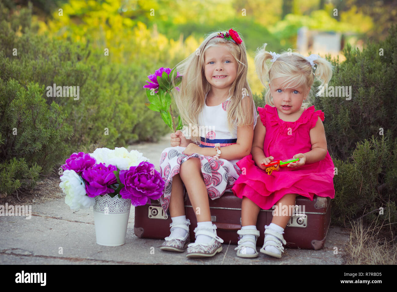 Schwestern zwei beide blond mit tiefem Eis blauen Augen tragen bunte Kleider im Central Park Wald Wiese sitzen auf Reisen trunk Bag mit Bou posing Stockfoto