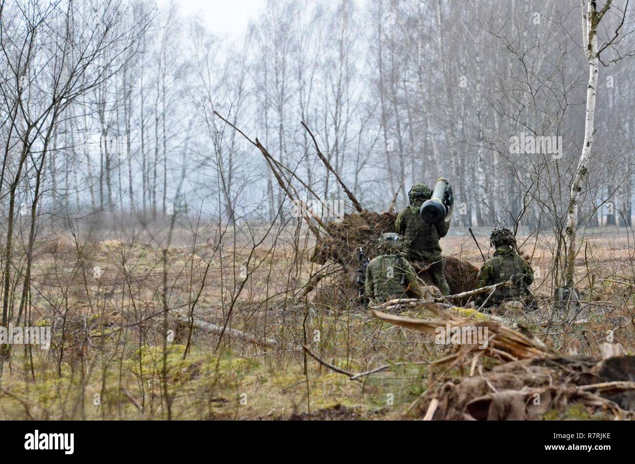 Die litauischen Soldaten verteidigen ihre Position mit anti-tank Waffen während einer kombinierten Übung "Savage Wolf" mit US-Soldaten, die von der Firma B, 1st Battalion, 68th Armored Regiment, 3. gepanzerte Brigade Combat Team, 4 Infanterie Division, aus Fort Carson, Colo., als Teil des Atlantiks lösen, April 4. Die USA und die litauischen Soldaten sind in zwei integrierten Teams aufgeteilt und erhalten entweder eine offensive Rolle bei der Übernahme eine 'Flugplatz' oder defensiven Rolle, die ihre Position auf dem 'Flugplatz' zu halten. Die Vereinigten Staaten und unsere Verbündeten und Partner sind Fortschritte in Richtung Interoperabilität durch kontinuierliche t Stockfoto