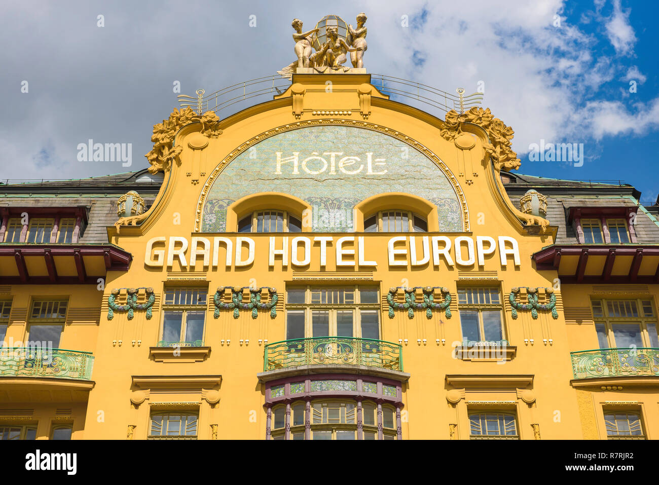 Grand Hotel Europa Prag, Detail von der Vorderseite des Jugendstil Grand Hotel Europa am Wenzelsplatz im Zentrum von Prag, Tschechische Republik. Stockfoto