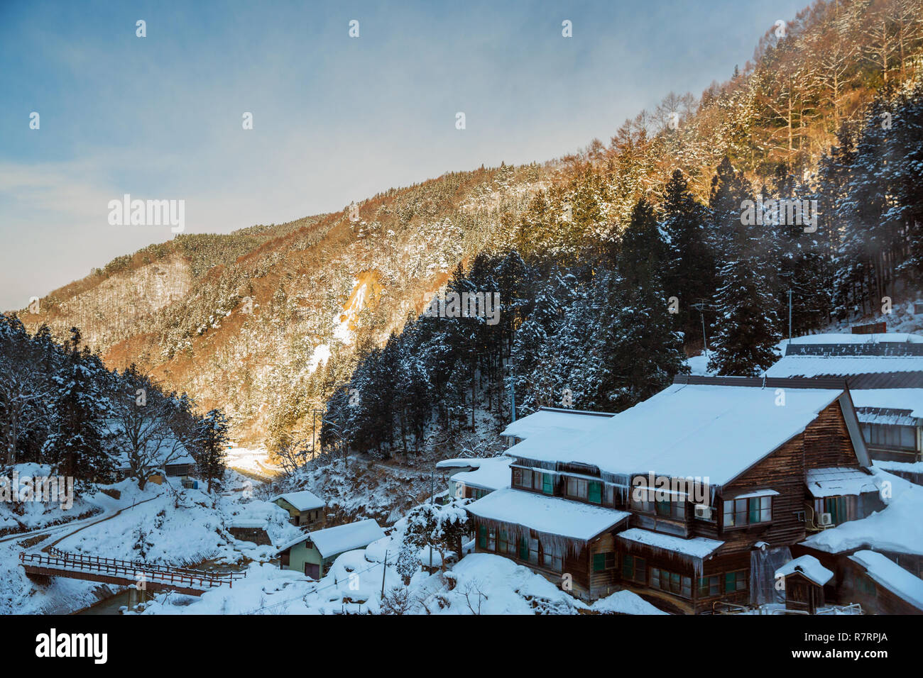 Landhäuser und Forest Hills im Winter, Japan Stockfoto