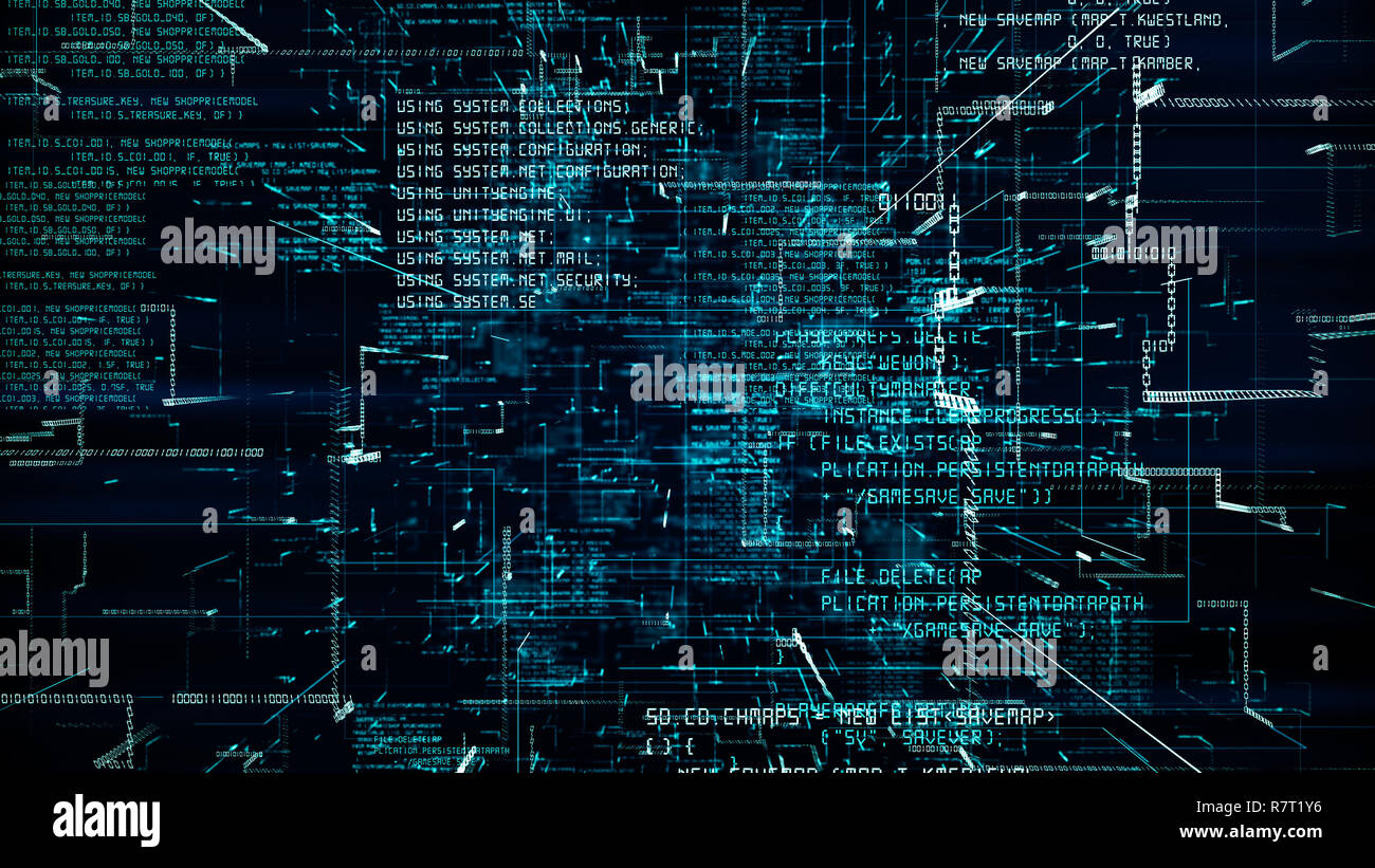 Futuristische abstrakte Programmierung blau digitale Code FlyThrough-Sequenz. Wissenschaftliche Technologie Daten binär Netzwerk 3D-Abbildung. Anschluss, blockchain und in Stockfoto