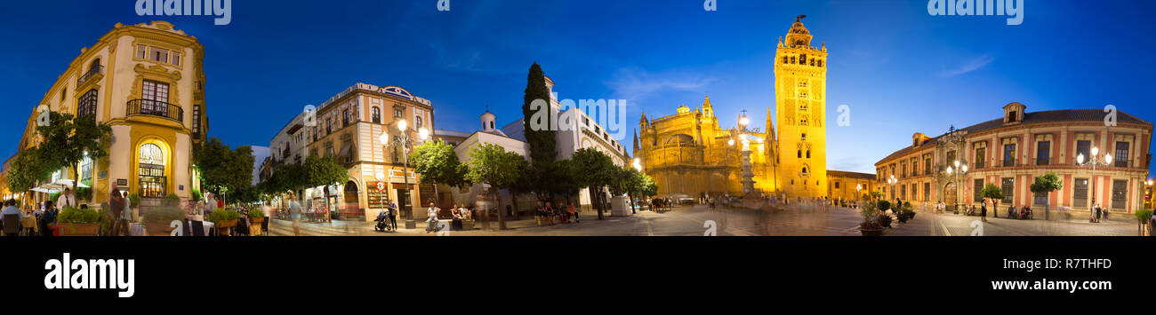 360 Grad Panorama Bild von der Plaza Virgen de los Reyes in Sevilla, Andalusien, Spanien, in der Dämmerung. Stockfoto