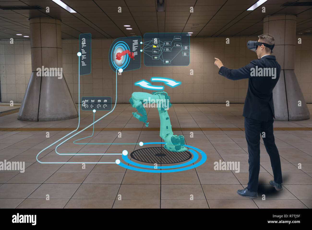 Iot smart Technologie futuristisch in der Industrie 4.0 Konzept, Ingenieur mit Augmented gemischt virtuelle Realität zu Bildung und Ausbildung, Reparaturen und Wartung Stockfoto