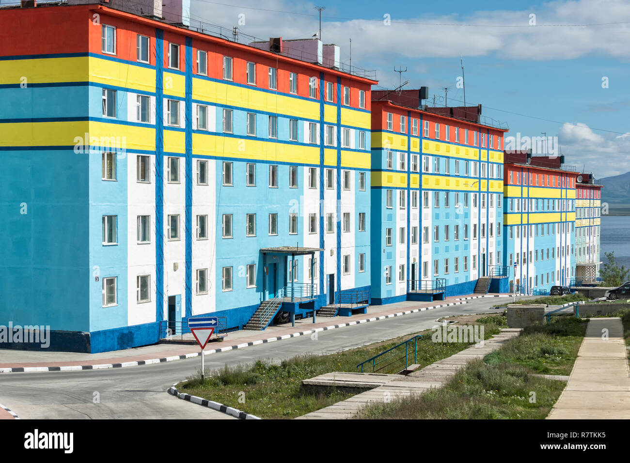 Farbige Häuser, Anadyr, tschukotka Autonomen Okrug, Russland Stockfoto
