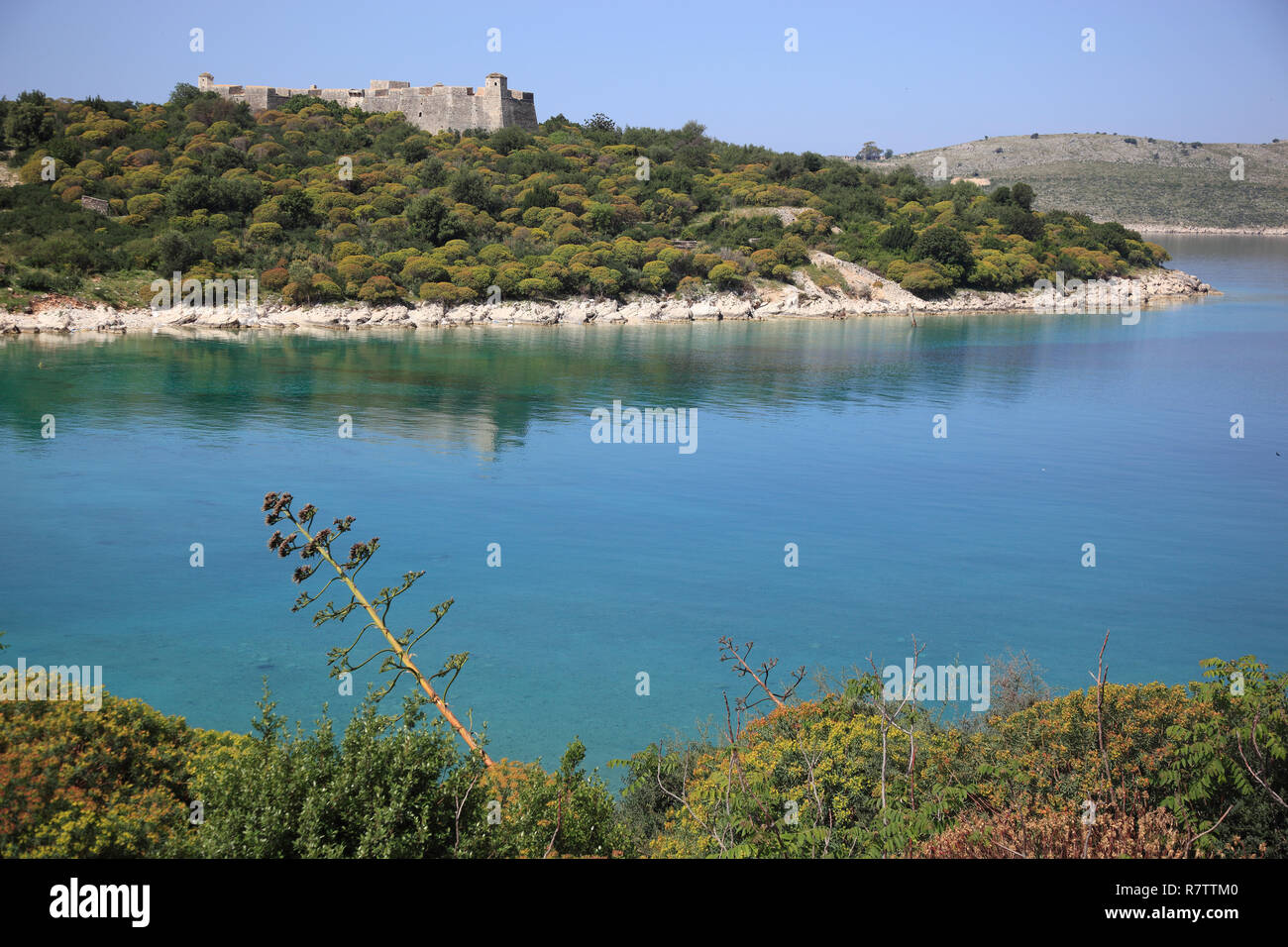 Festung von Ali Pasha Tepelene, Bay auf das Ionische Meer, Porto Palermo, Vlorë County, Albanien Stockfoto