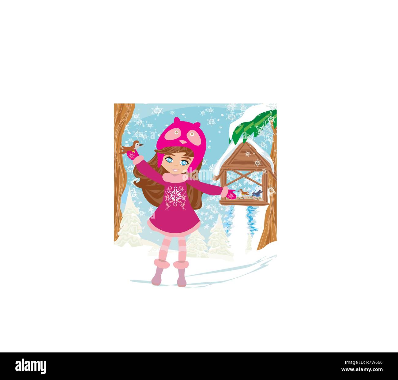 Mädchen füttert die Vögel im Winter Stock Vektor