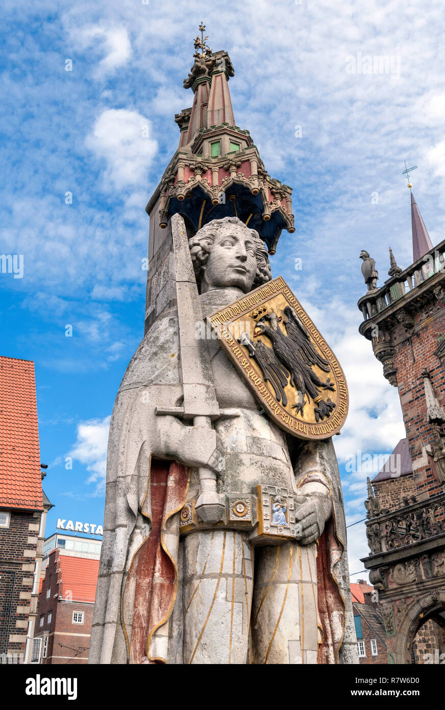 Die 15 thC Bremer Roland, eine Statue vor dem Rathaus auf dem Marktplatz, Bremen, Deutschland Stockfoto
