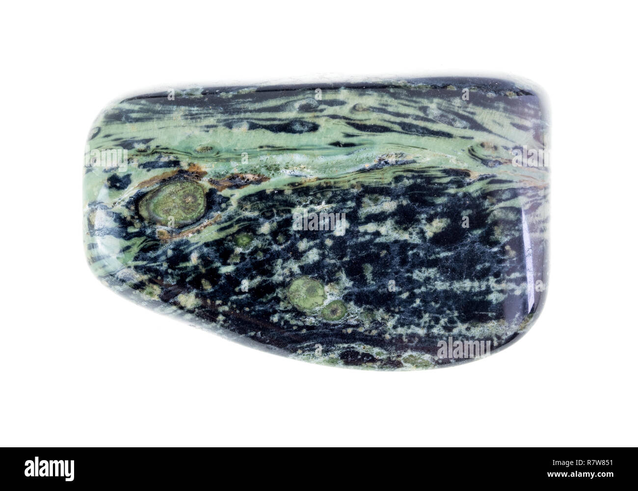 Makrofotografie von natürlichen Mineral aus geologische Sammlung - polierte Rhyolith (Madagaskar Regenwald Jasper) Edelstein auf weißem Hintergrund Stockfoto