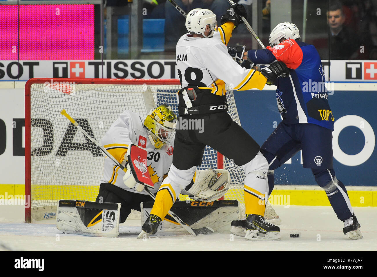 Pilsen, Tschechische Republik. 11 Dez, 2018. L-R Torwart Gustaf Lindvall (Bern), Johan Alm (Bern) und Mailand Gulas (Pilsen), die in Aktion während der Eishockey Champions League Playoff Viertelfinale Rückspiel Spiel HC Skoda Plzen Skelleftea AIK, in Pilsen, Tschechische Republik, am Dienstag, 11. Dezember 2018 vs. Credit: Miroslav Chaloupka/CTK Photo/Alamy leben Nachrichten Stockfoto