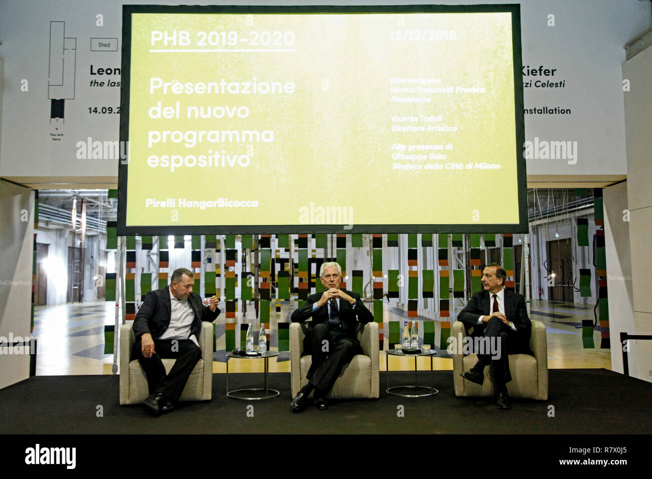 Foto LaPresse - Mourad Touati Balti 12/12/2018 Milano (ITA) - über chiese 2 Cronaca Presentazione del Nuovo programma Espositivo per La Stagione 2019-2020 del Pirelli Hangar Bicocca Nella Foto: Vicente Todoli, Marco Tronchetti Provera, Giuseppe Sala Stockfoto