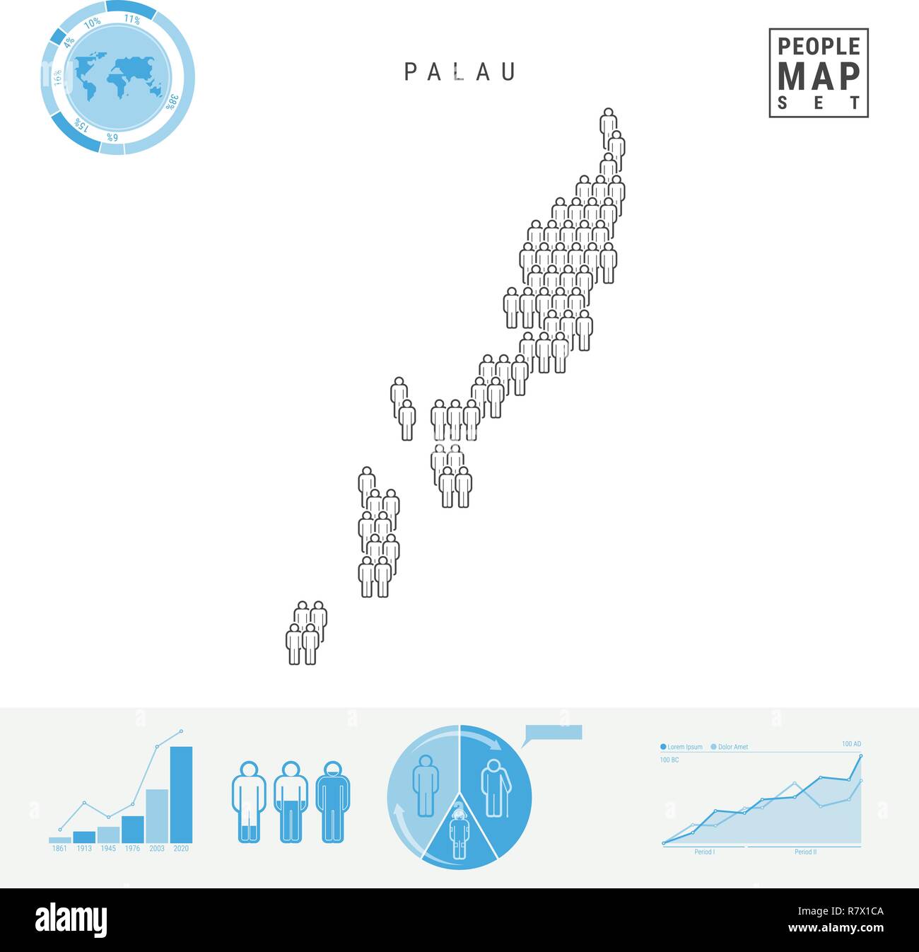 Palau Menschen auf das Symbol Karte. Stylized Vector Silhouette von Palau. Bevölkerungswachstum und Überalterung Infografiken Stock Vektor