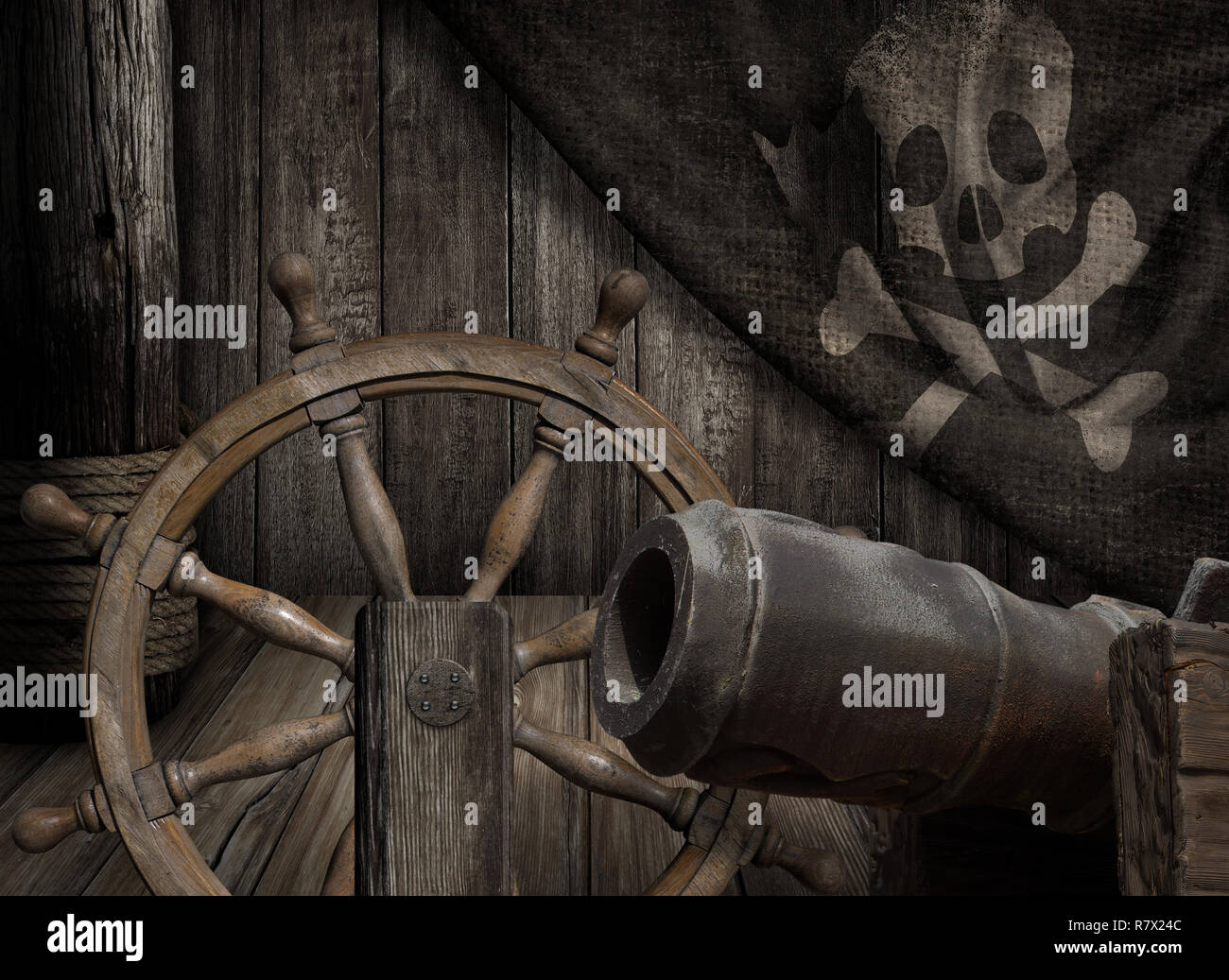 Piraten Schiff deck mit alten Jolly Roger Fahne 3 Abbildung d Stockfoto