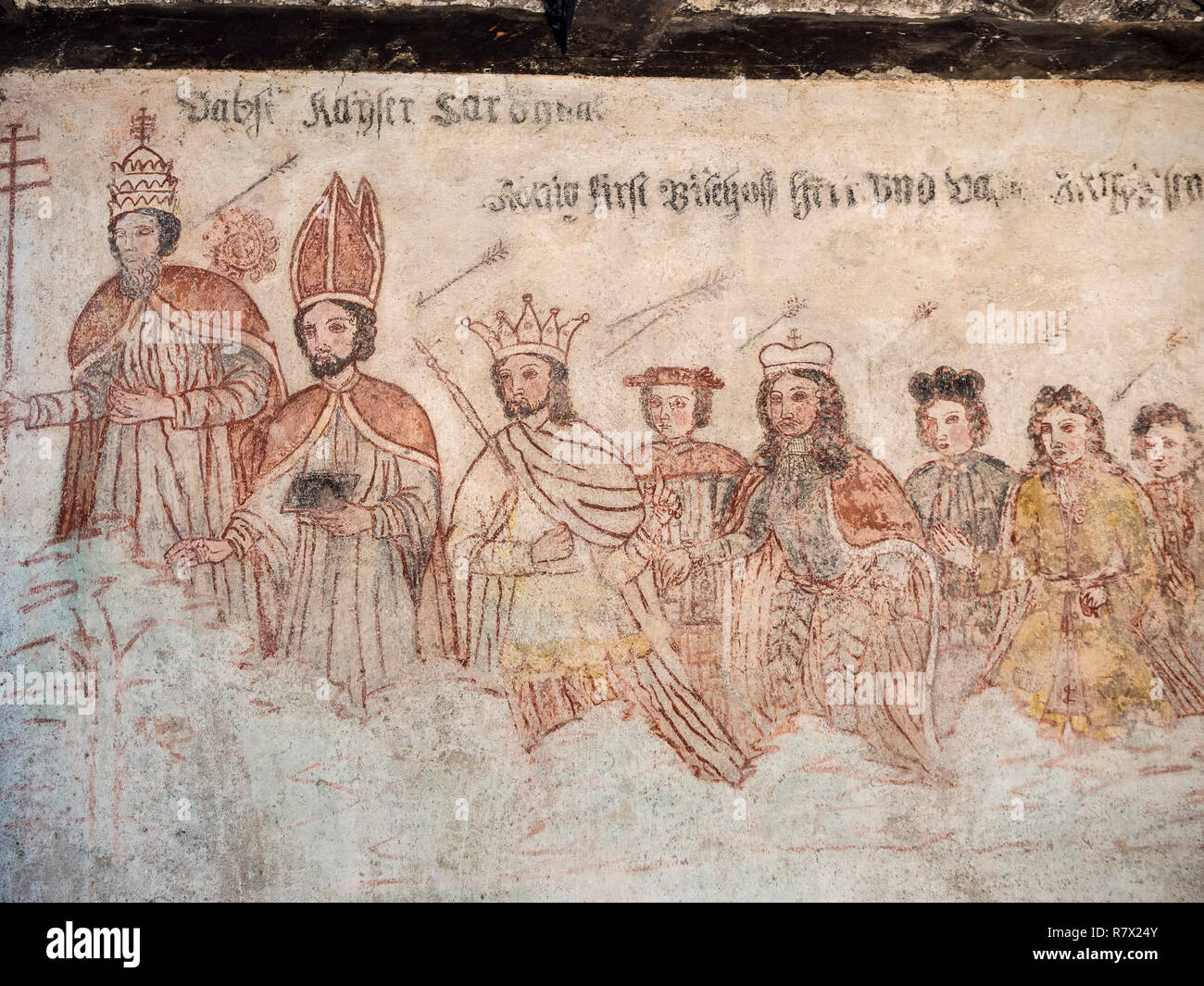 Carolran Fresken, Heilig-Kreuz-Kapelle im Kloster der Benediktiner in Müstair, Val Müstair-Münster Tal, Engadin, Graubünden, Schweiz, UNESCO Weltkulturerbe Stockfoto