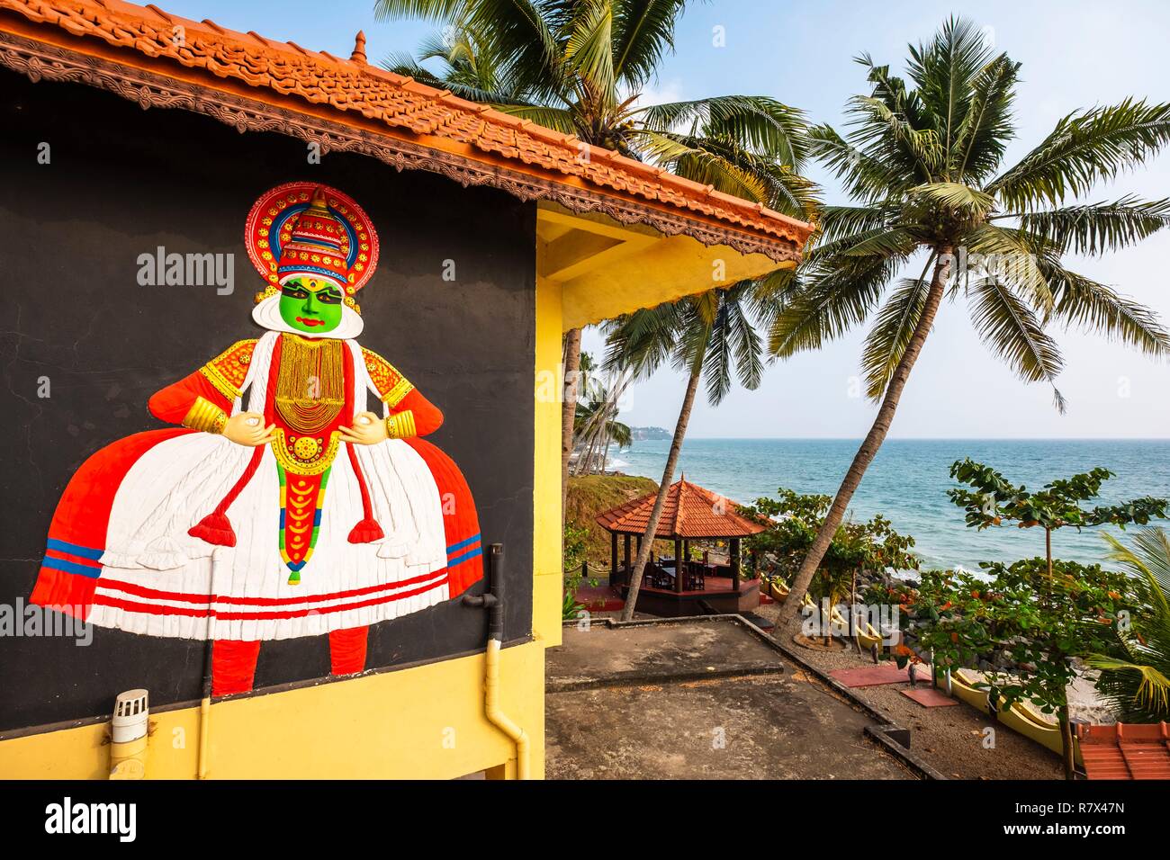 Indien, Bundesstaat Kerala, Varkala, Odayam Strand, Hotel Schild Stockfoto