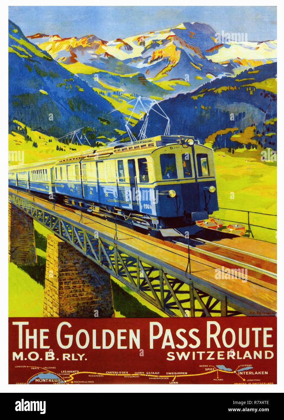 Montreux nach Interlaken - Vintage Travel Poster Stockfoto