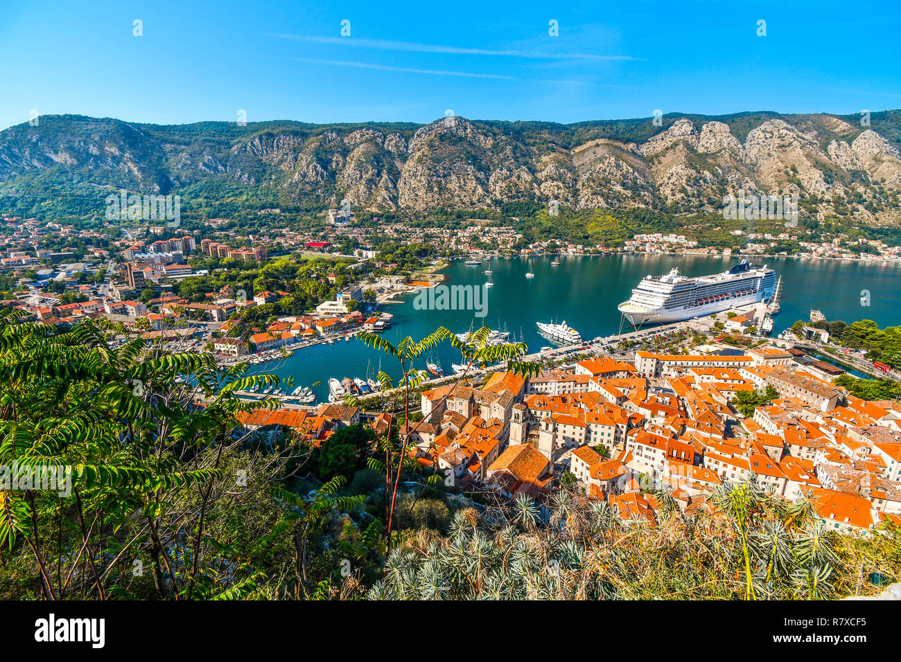 Eine massive Kreuzfahrthafen in der Bucht von Kotor in der alten Küstenstadt an der Adria, Kotor, Montenegro. Stockfoto