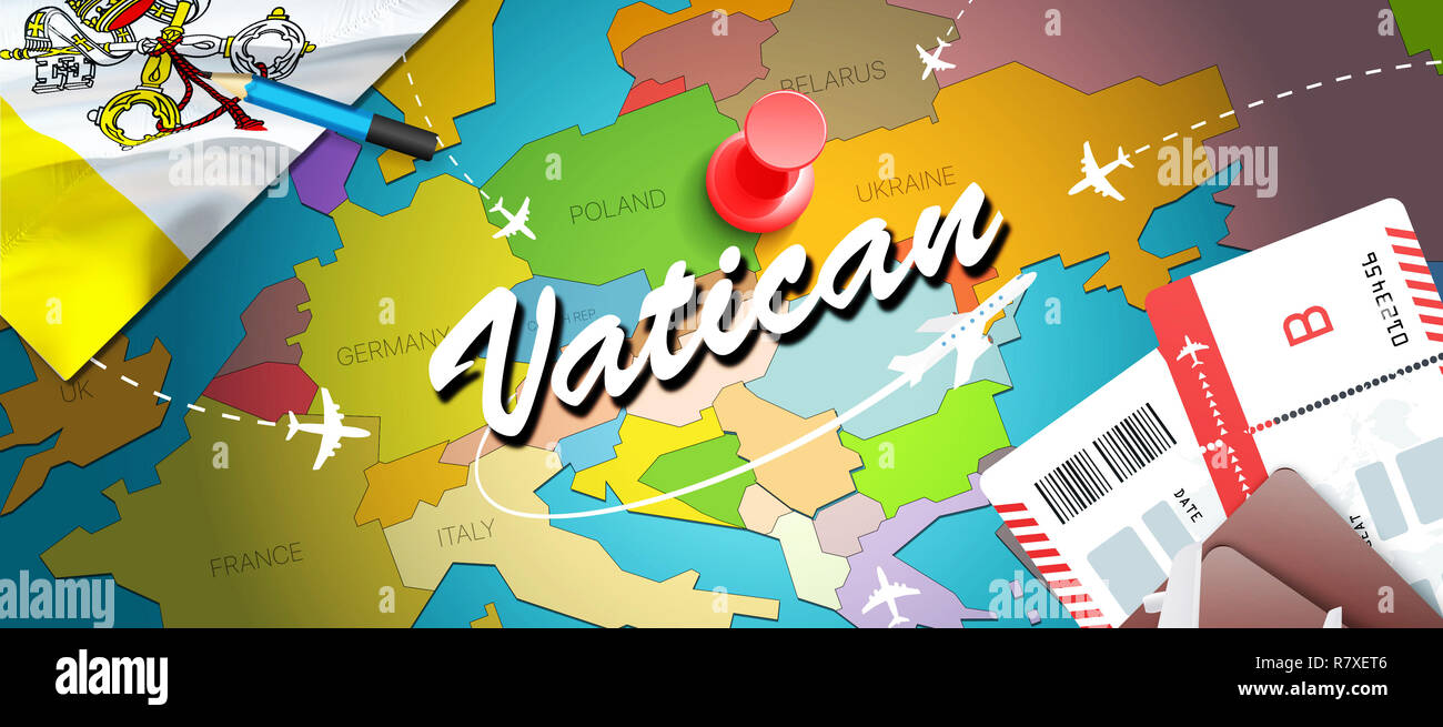 Vatikan Travel Concept Map Hintergrund mit Flugzeugen, Tickets. Besuch Vatikan Reisen und Tourismus Ziel Konzept. Vatikan Flagge auf der Karte. Ebenen und flig Stockfoto