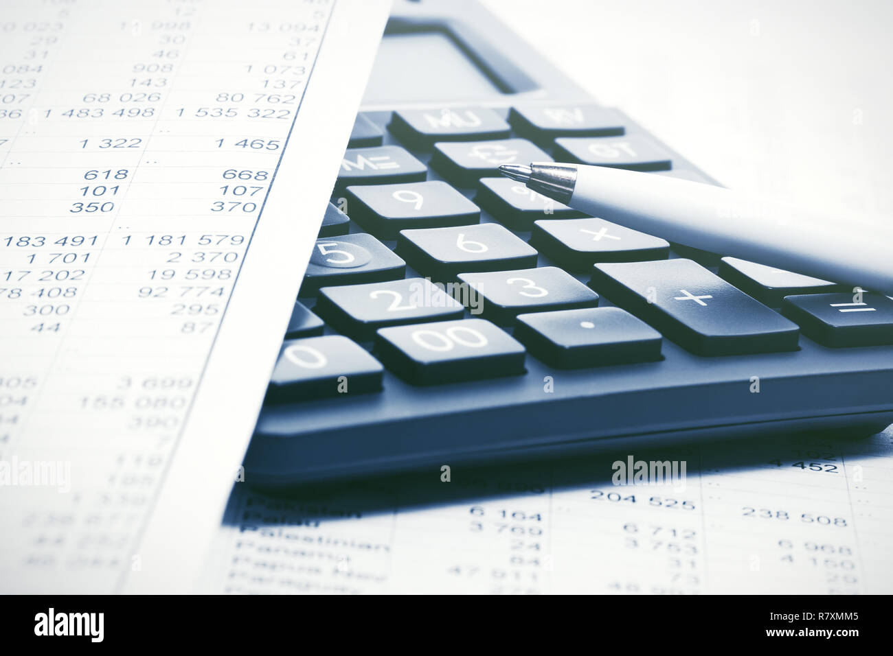 Finanzbuchhaltung Stift und Taschenrechner in den Bilanzen Stockfoto