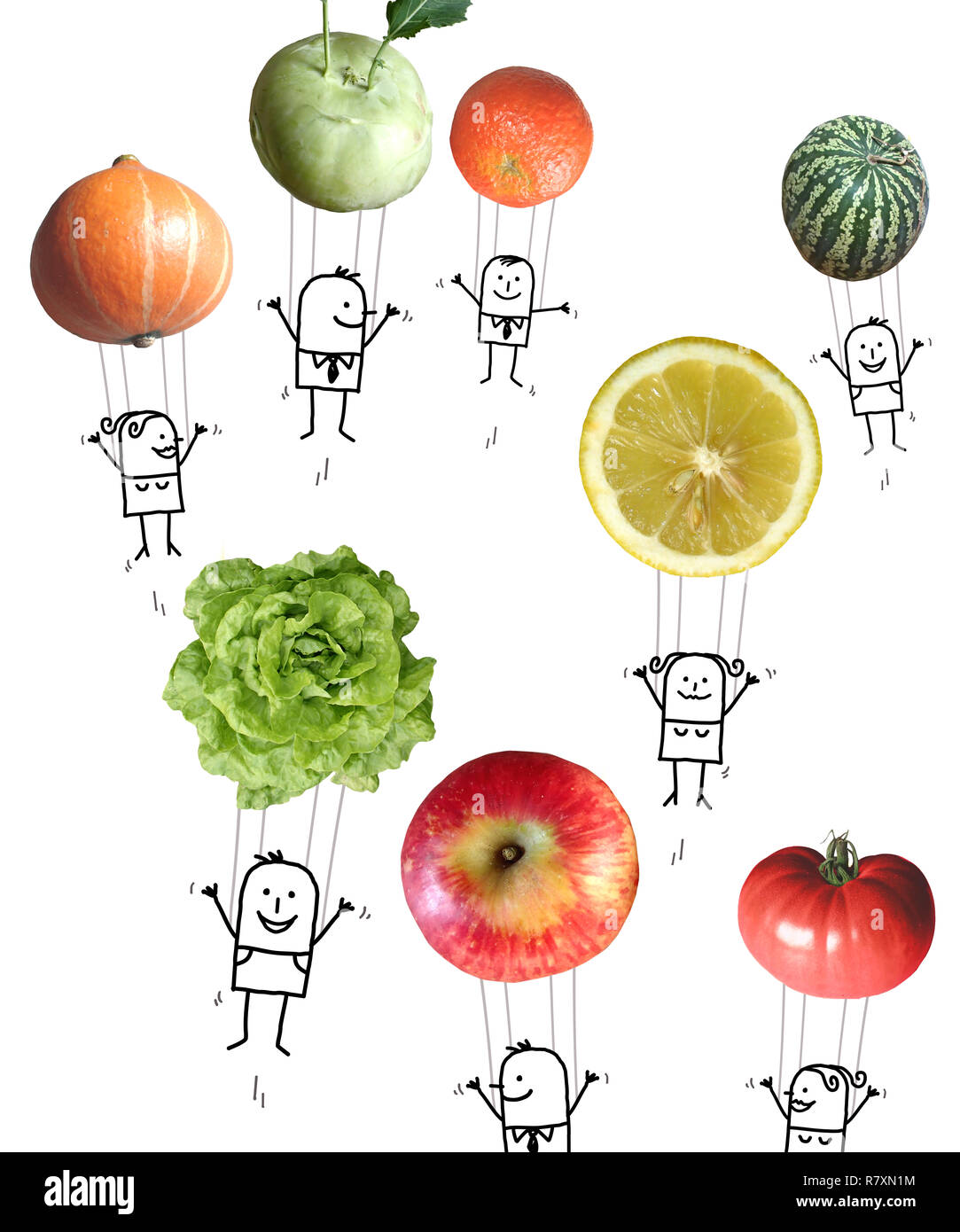 Hand Gezeichneten Karikatur Menschen In Der Luft Mit Obst Und Gemuse Ballons Stockfotografie Alamy