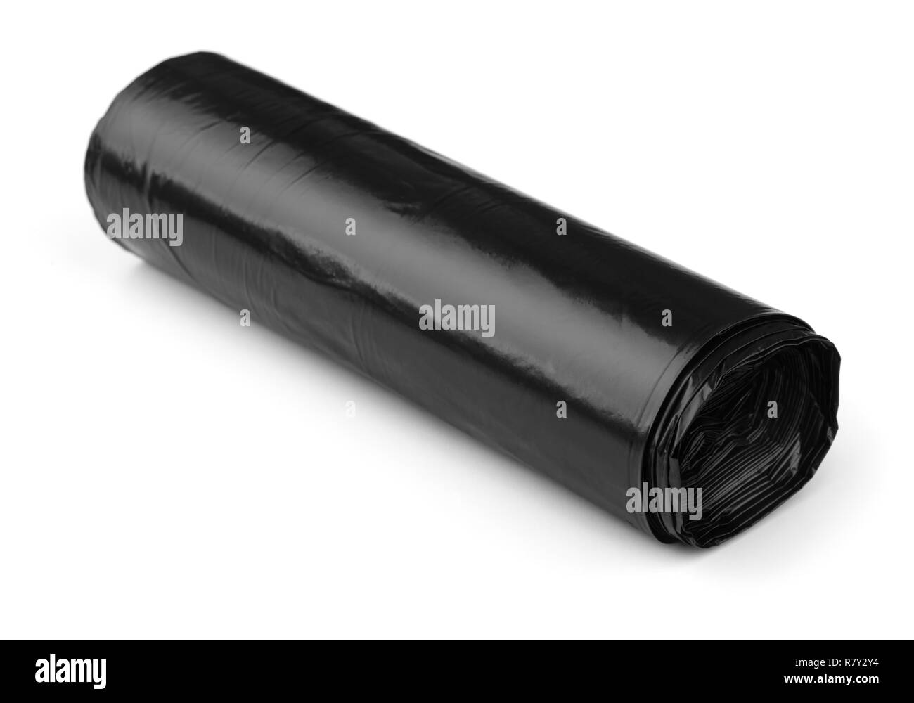 Rollen aus schwarzem Kunststoff Polyethylen isolierte Folie auf Weiß Stockfoto