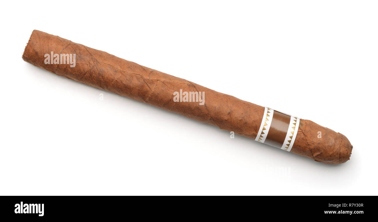 Blick von oben auf die Hand gerollte Zigarre mit Label isoliert auf weißem Stockfoto