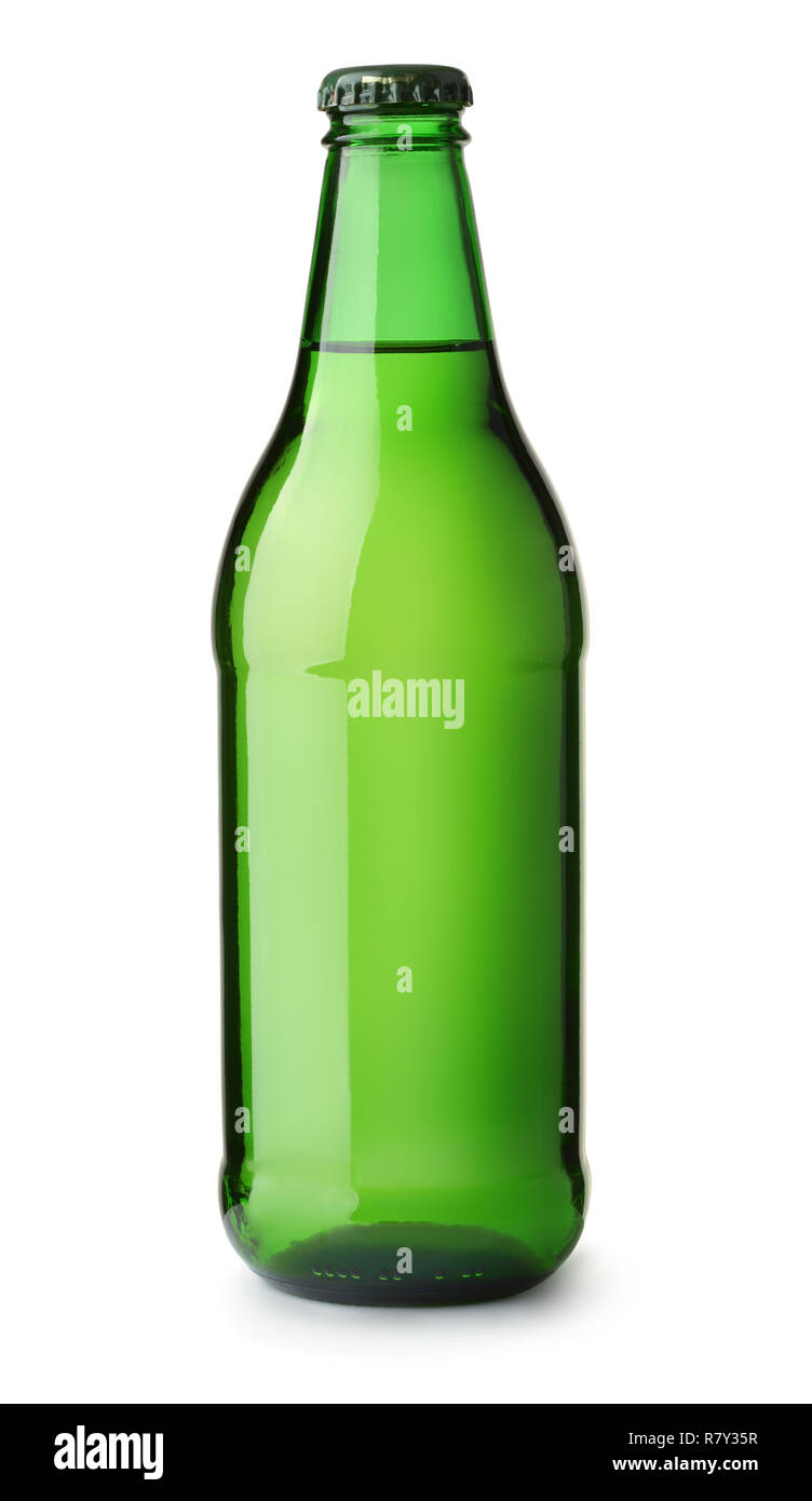 Vorderansicht des grünen Bierflasche isoliert auf weißem Stockfoto