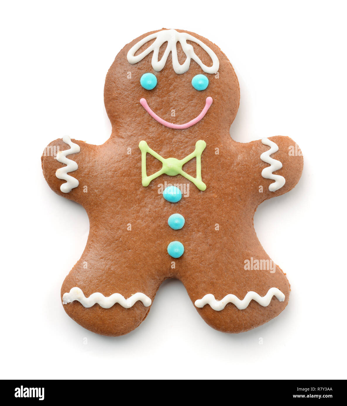 Blick von oben auf die Gingerbread Man isoliert auf weißem Stockfoto