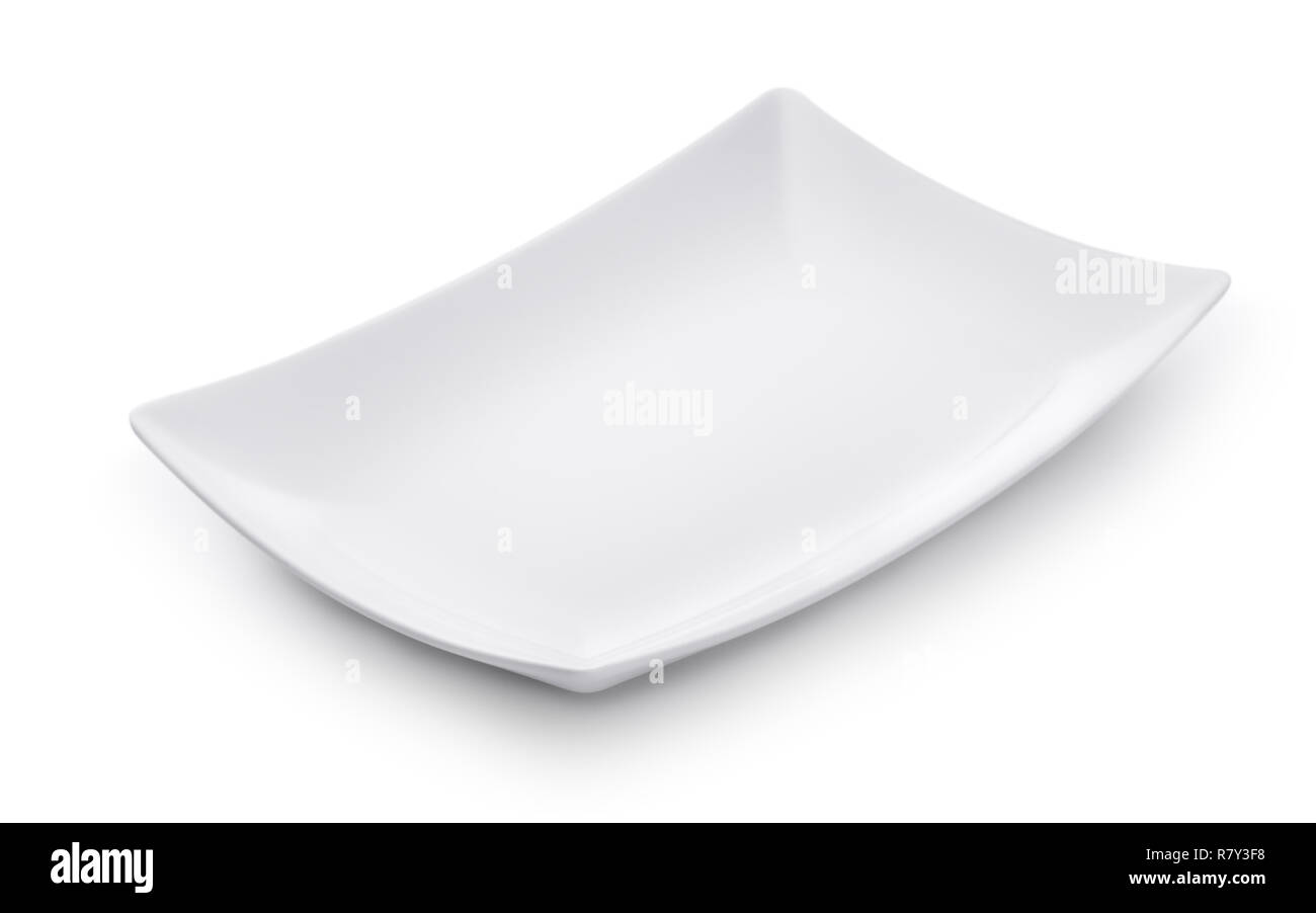 Weißen leeren rechteckigen Teller isoliert auf weißem Stockfoto