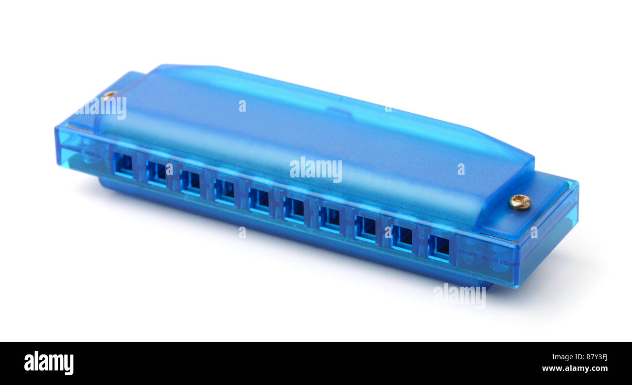 Kunststoff blau Mundharmonika isoliert auf weißem Stockfoto