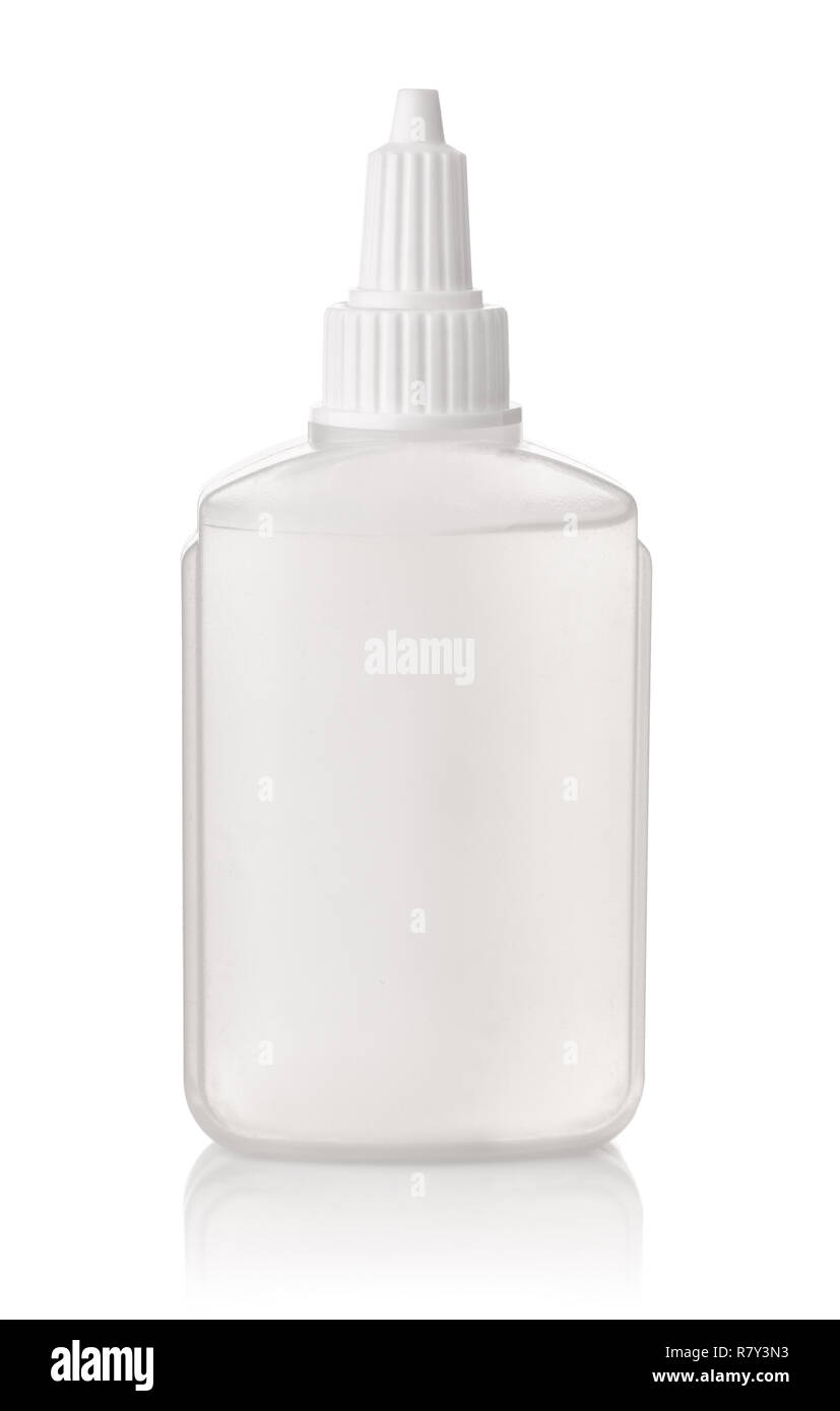 Transparenter Kunststoff Leim Flasche isoliert auf weißem Stockfoto