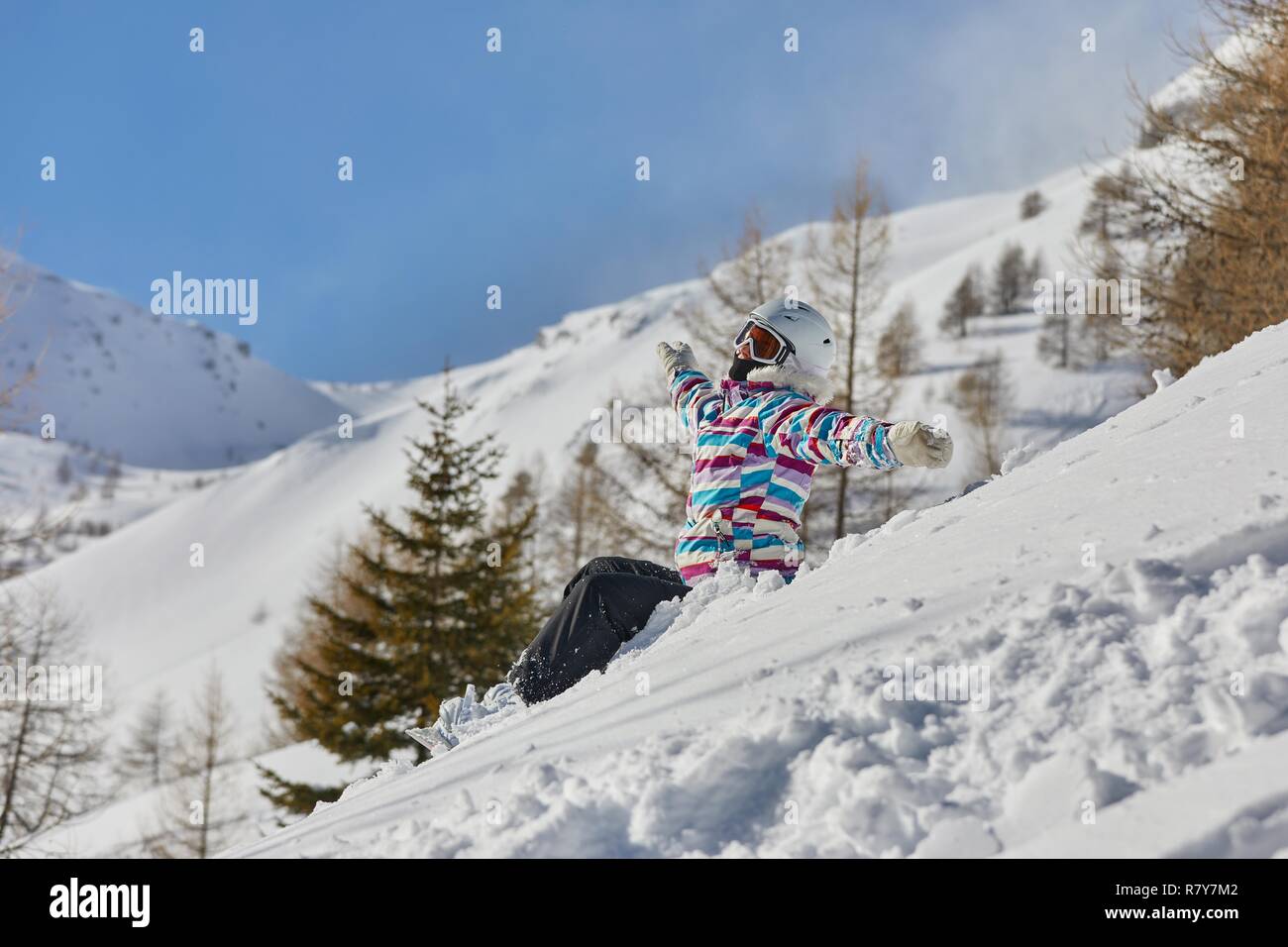 Snowboarder mit einem Rest Stockfoto