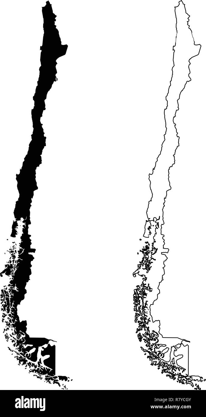 Einfach (Nur scharfe Ecken) Karte von Chile vektor Zeichnung. Mercator-projektion. Gefüllt und Outline Version. Stock Vektor