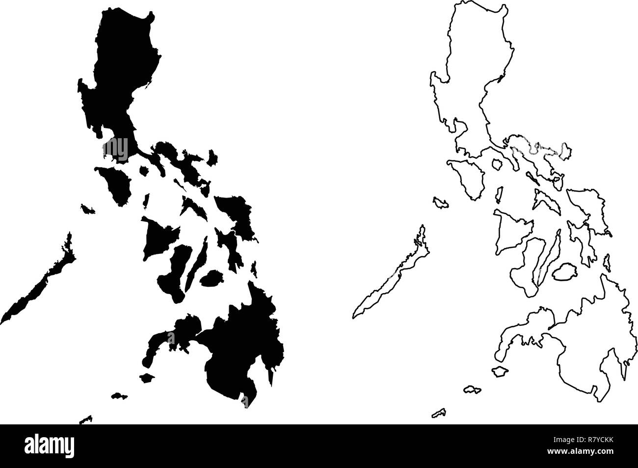 Einfach (Nur scharfe Ecken) Karte von Philippinen vektor Zeichnung. Mercator-projektion. Gefüllt und Outline Version. Stock Vektor