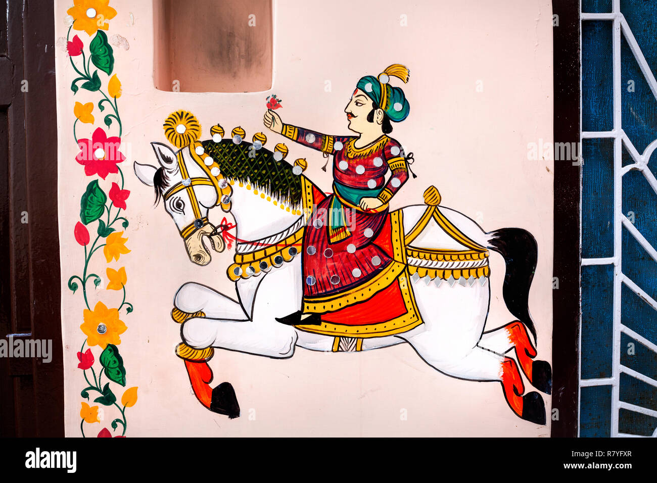 Traditionelle Rajasthan Gemälde an der Wand des Hauses des Königs reiten auf dem Pferd in Udaipur, Rajasthan, Indien Stockfoto