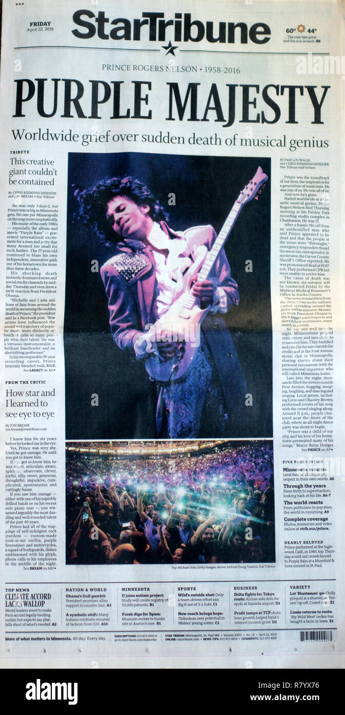 Purple Majesty Schlagzeile auf der Titelseite von Minneapolis StarTribune auf 4/22/16 und Foto zum Gedenken an Prince's Tod. St. Paul Minnesota MN USA Stockfoto