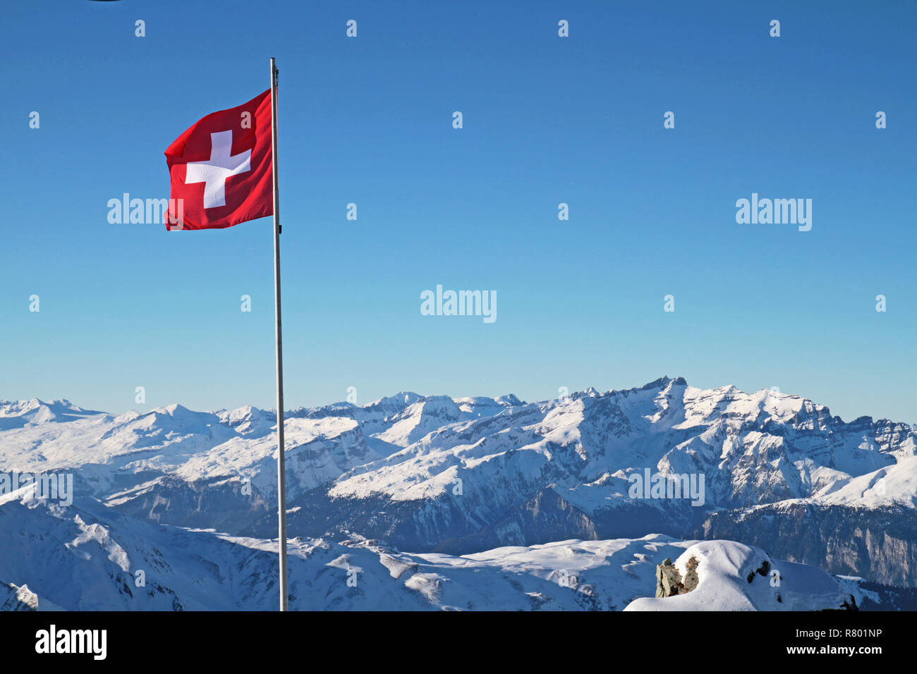 Schweizer Fahne auf dem Gipfel des Berges Stockfoto