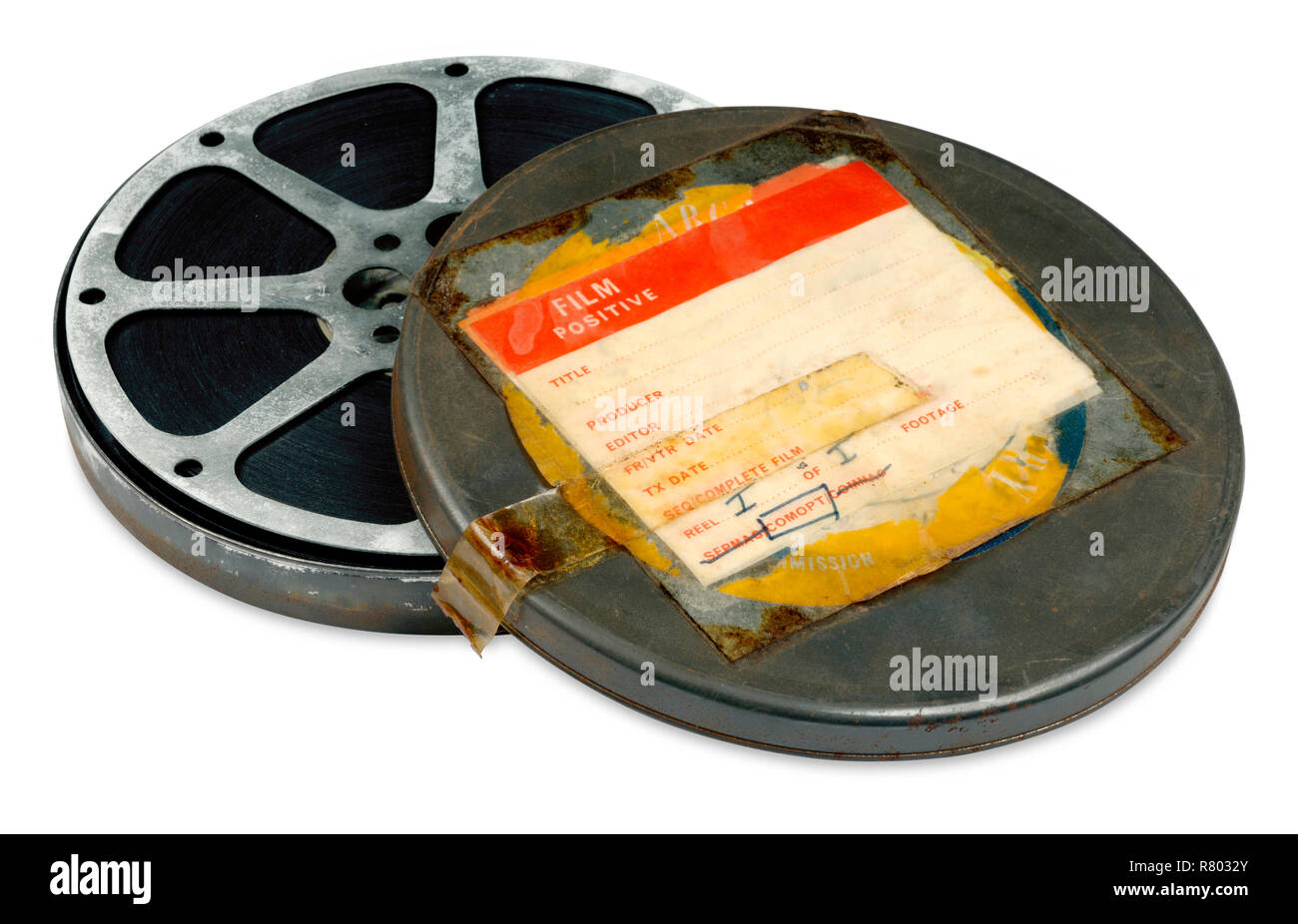 Ein vintage Reel von Cine Film in einem Metall Kanister Stockfoto