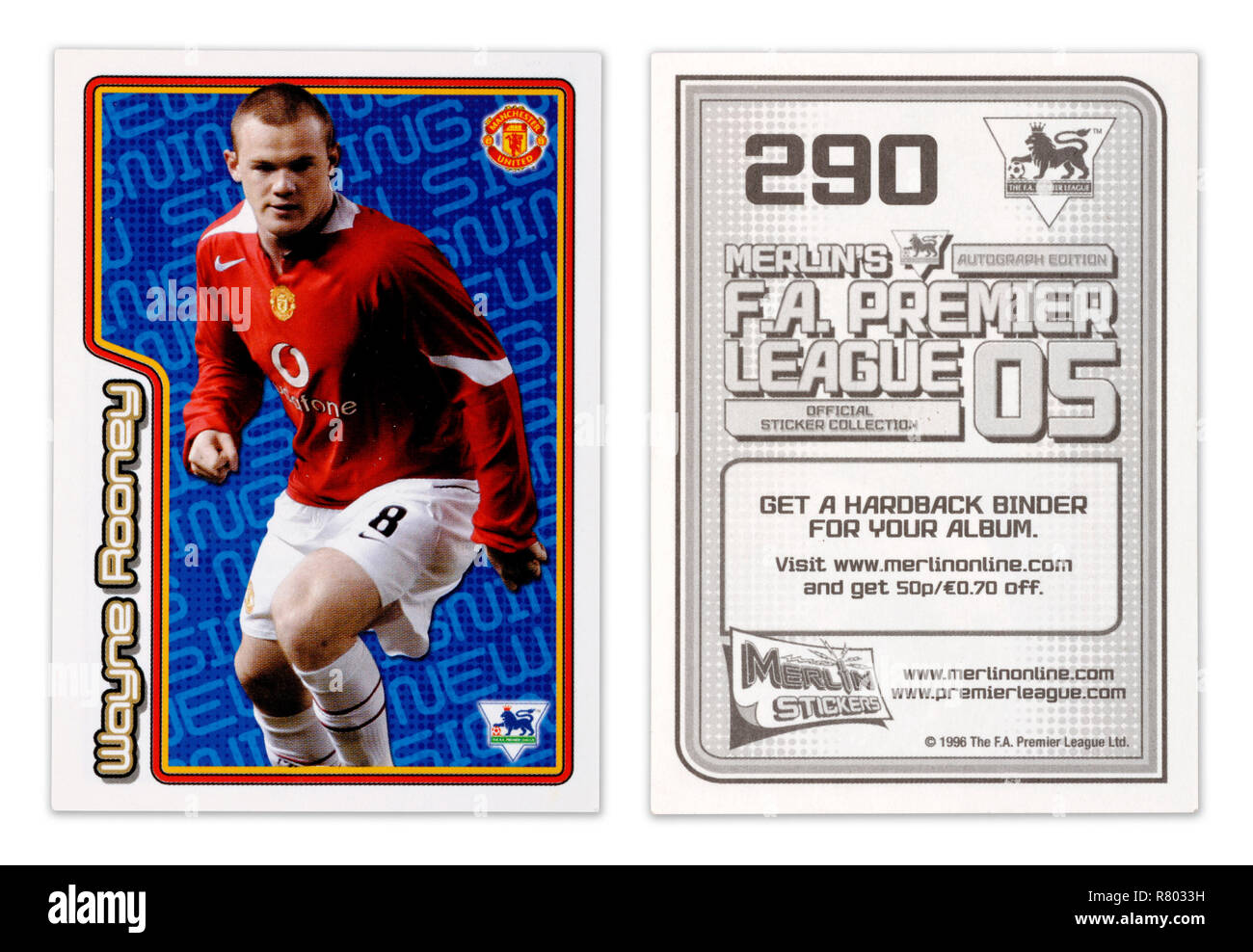 Die Vorder- und Rückseite von Merlin sticker Fußball Spieler Karte von 1996 mit Wayne Rooney Spielen für Manchester United Stockfoto